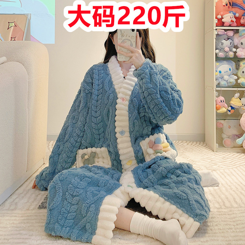 冬季珊瑚绒睡裙女加绒加厚睡衣女加肥加大码200斤中长款睡袍女款
