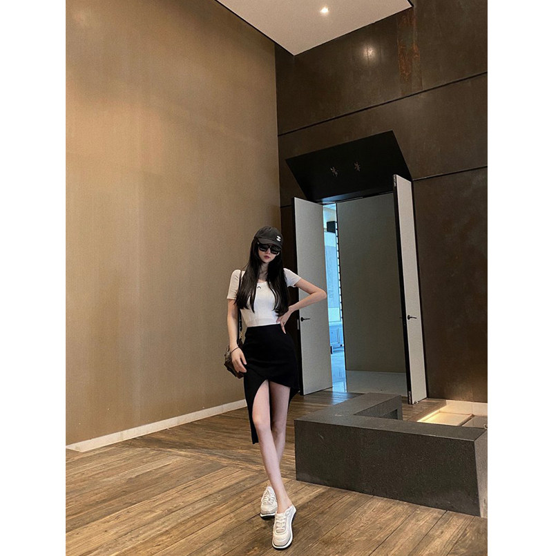 黑色不规则开叉半身裙女中长款高腰显瘦气质百搭修身韩版包臀裙子