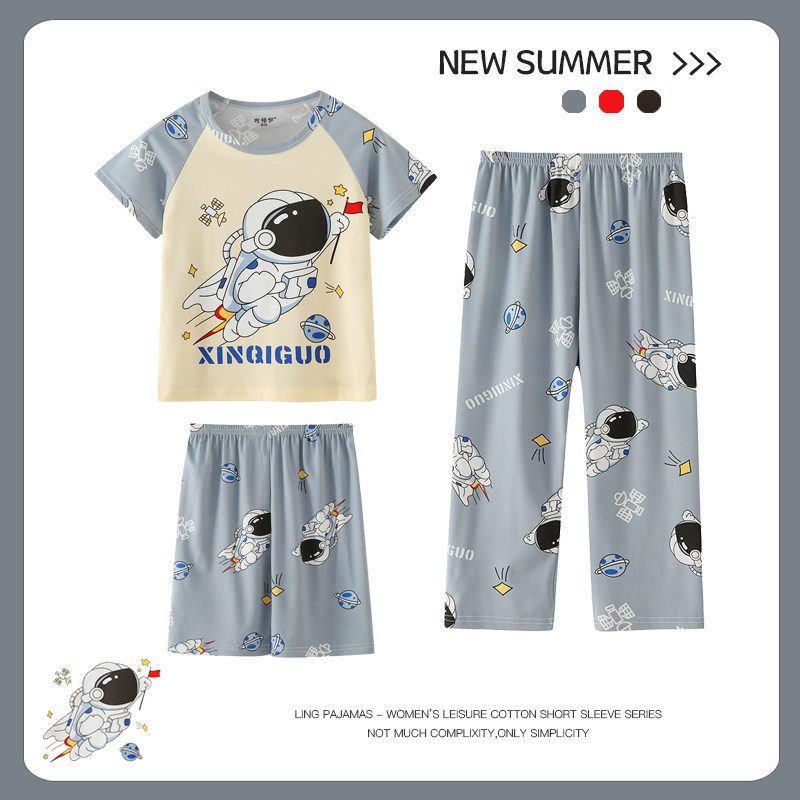 夏季儿童家居服睡衣三件套装卡通中大童短袖长裤宽松空调服皮卡丘