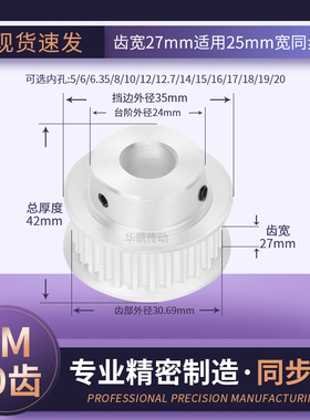 同步带轮5M20齿宽27台阶内孔5/6/8/10121415171920传动轴轮同步轮