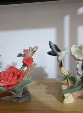 外贸陶瓷花卉小鸟蝴蝶百合蜂鸟场景摆件装饰品田园彩绘精致双骏马