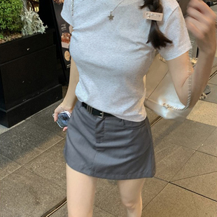 半袖正肩短袖t恤女显瘦纯棉夏季白灰修身夏天藏肉2026硬挺新款潮