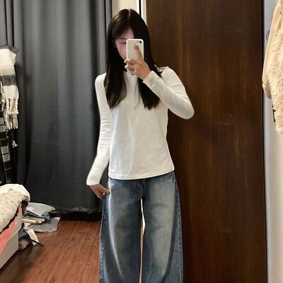 正肩圆领T恤女早秋季薄款长袖打底衫紧身辣妹内搭修身显瘦上衣ins