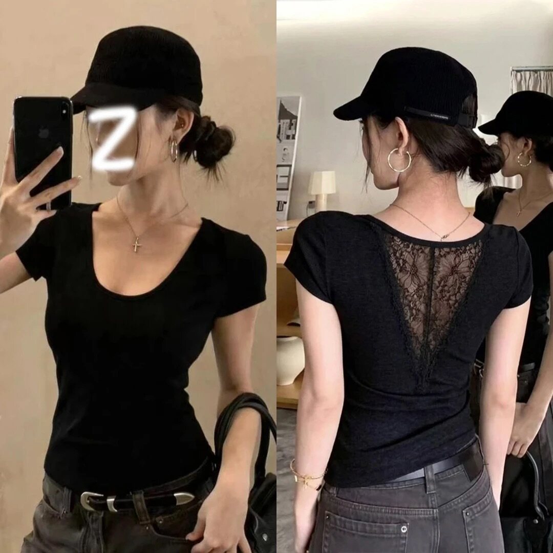 辣妹风后背蕾丝拼接T恤女夏季修身显瘦纯欲感正肩法式U领短袖上衣