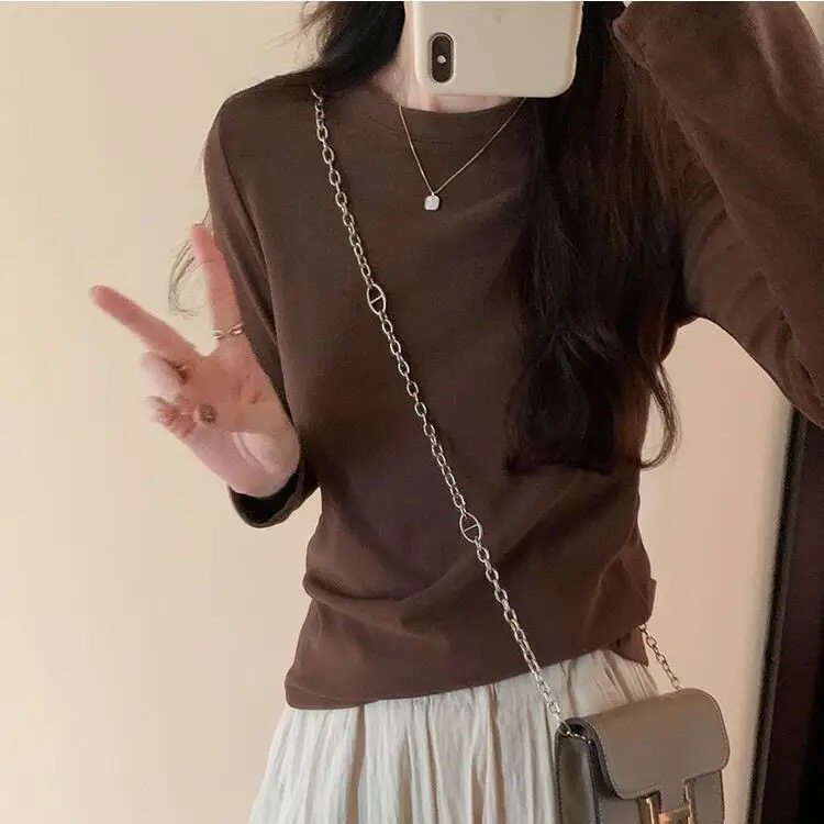 韩系圆领长袖t恤女春秋2025年新款修身早秋打底衫内搭常规上衣ins