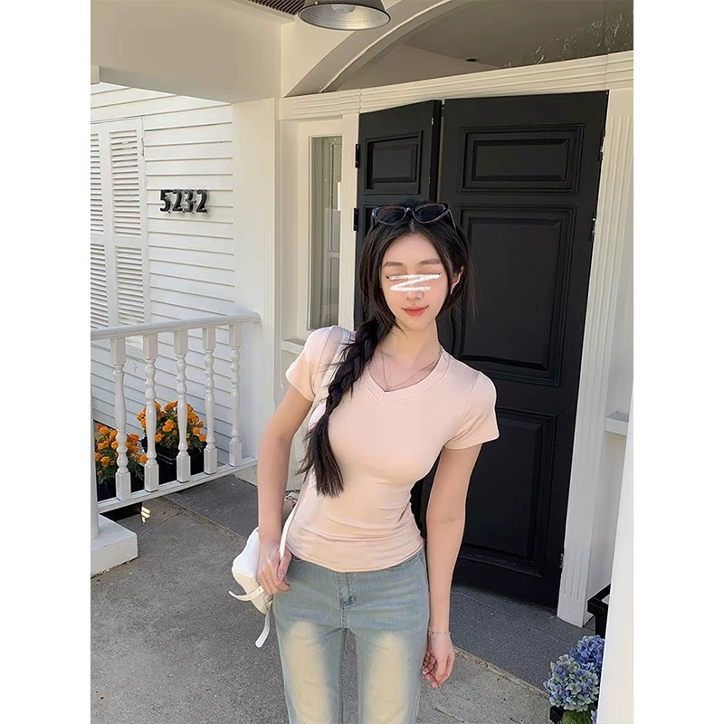 纯棉夏季短袖T恤女韩系潮流修身日系学生纯色简约V领甜辣上衣百搭