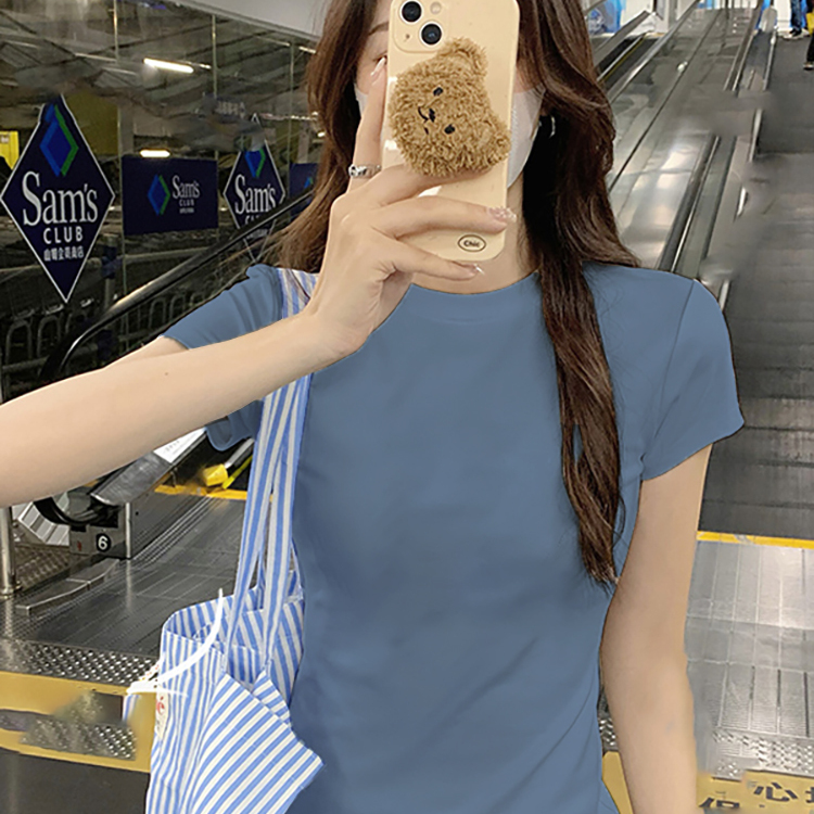 2025夏季新款显瘦修身纯棉正肩短袖t恤女法式甜辣小个子百搭上衣