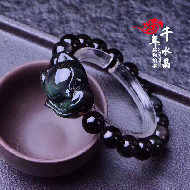 天然黑曜石彩虹眼小狐狸 吊坠 挂坠 男女款手链钥匙扣包挂 男女款