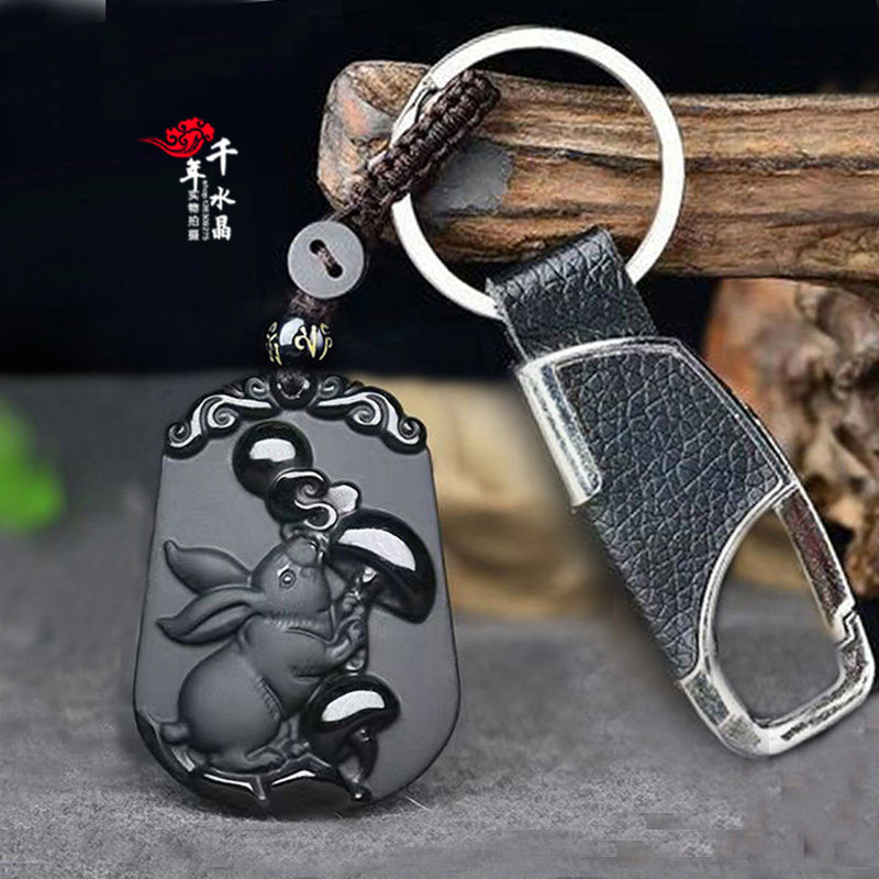 天然乌金黑曜石兔吊坠