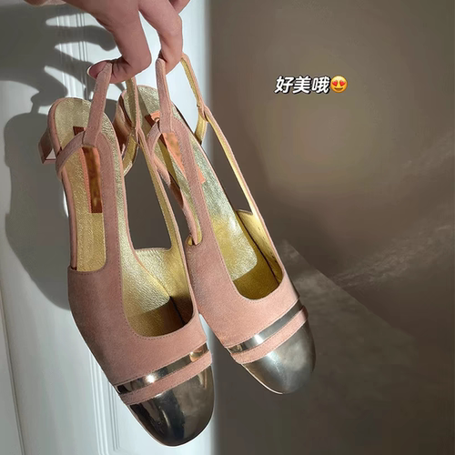 小香风后空包头粉色粗跟凉鞋女通勤鞋晚宴鞋拼色法式气质真皮单鞋