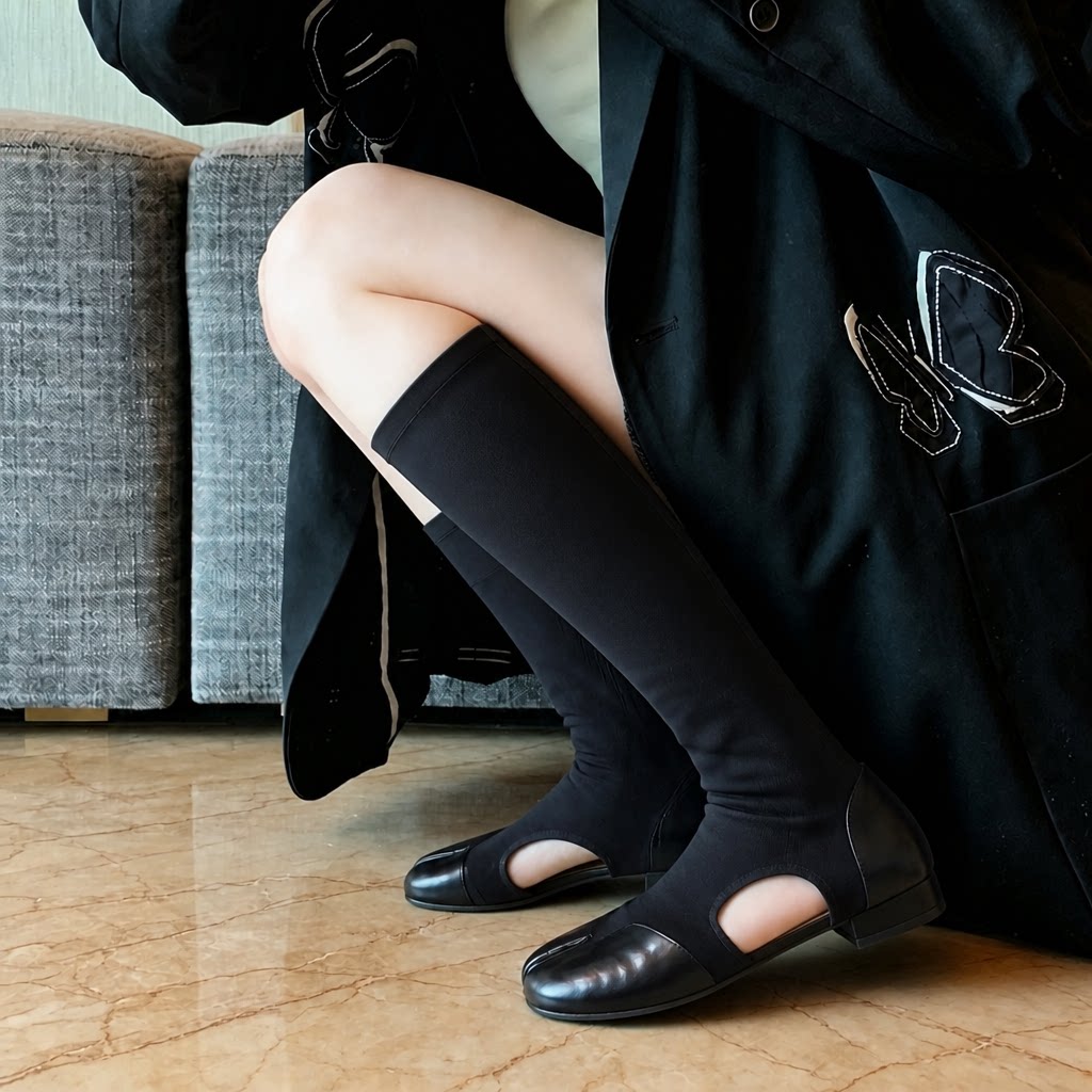欧货新品~复古分趾马蹄长筒弹力靴女2026夏季新款通勤外穿袜靴