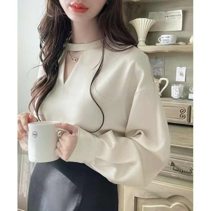 2025春秋季V领高级感缎面法式风OL通勤女装职业长袖衬衫