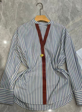 布谷-古蓝色条纹衬衫简约大方26春款撞色立领麻面衬衫A9584