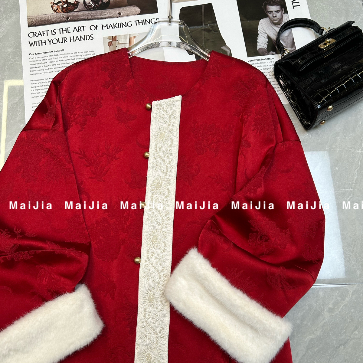 MOM冬上新新中式植物提花圆领盘扣宽松短外套40