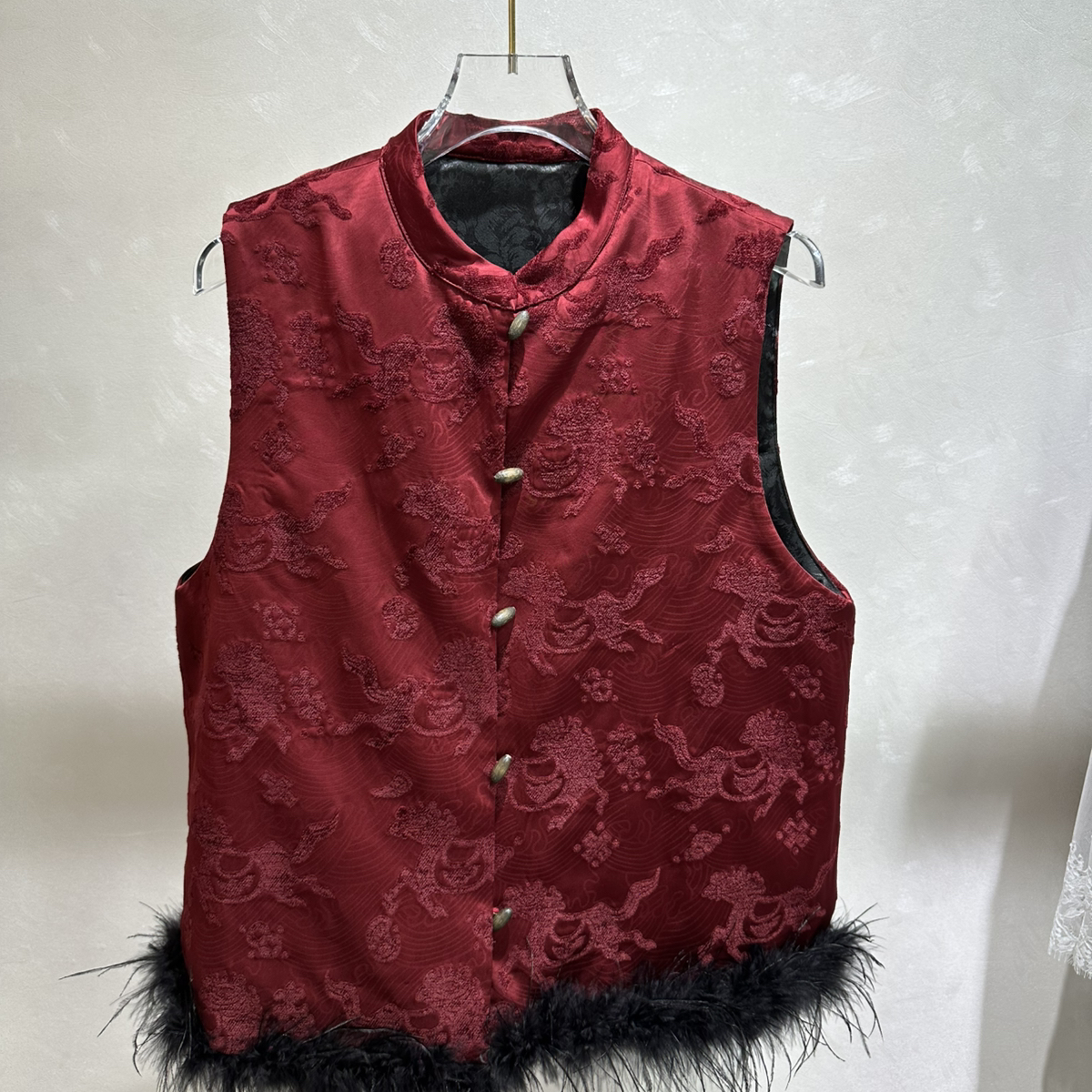 MOM冬上新马上有钱国潮马甲漳绒拼鸵鸟毛加棉马甲YS71-G405