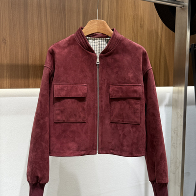 布谷-Douzi豆子服饰休闲复古撞色内衬山羊皮反绒拉链皮衣LD10111