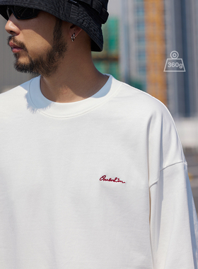 QuentinMarx日系男士重磅长袖T恤休闲宽松刺绣纯棉简约打底卫衣潮