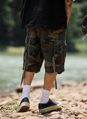 Quentin Marx夏季男士迷彩短裤重水洗飘带工装裤休闲五分裤伞兵裤