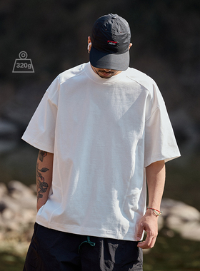 Quentin Marx日系重磅男士拼接纯色短袖T恤简约休闲宽松国潮牌夏