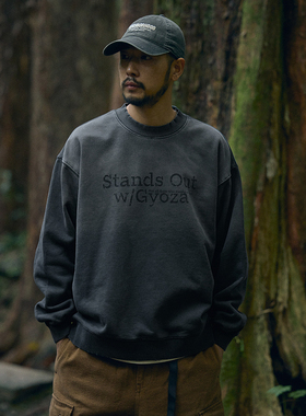 QuentinMarx日系复古圆领男士重磅加绒卫衣宽松加厚蜡染水洗秋冬