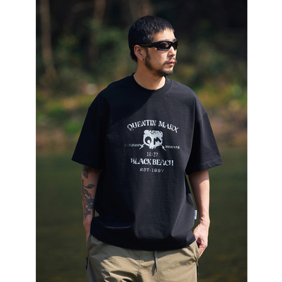 QuentinMarx日系重磅男士短袖趣味印花纯棉T恤休闲宽松百搭青年夏