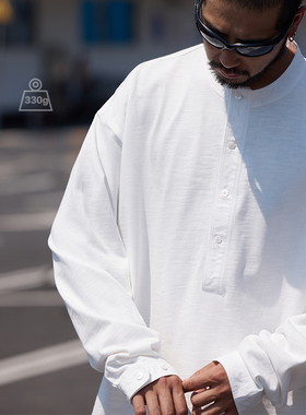 Quenrin Marx日系男士重磅休闲纯棉针织长袖T恤衬衫宽松潮男秋冬