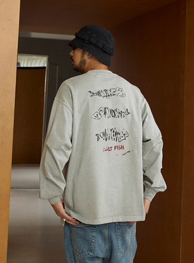 Quentin Marx日系男士重磅洗水做旧长袖T恤纯棉宽松休闲潮打底衫