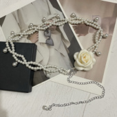 山茶花珍珠腰链配饰花朵链条高级腰带装 饰连衣裙链子牛仔裤 ins