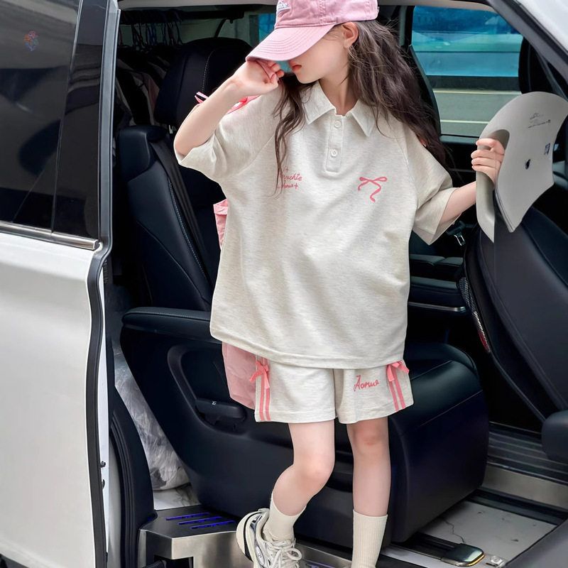 女童夏季运动织带蝴蝶结套装2025新款大童韩版夏装polo衫短袖短裤
