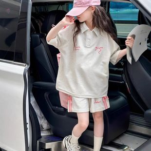 大童韩版 运动织带蝴蝶结套装 短裤 女童夏季 短袖 夏装 2025新款 polo衫