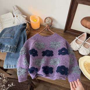 女童秋冬季韩系立体花朵圆领百搭软糯毛衣加厚针织衫中小童上衣潮