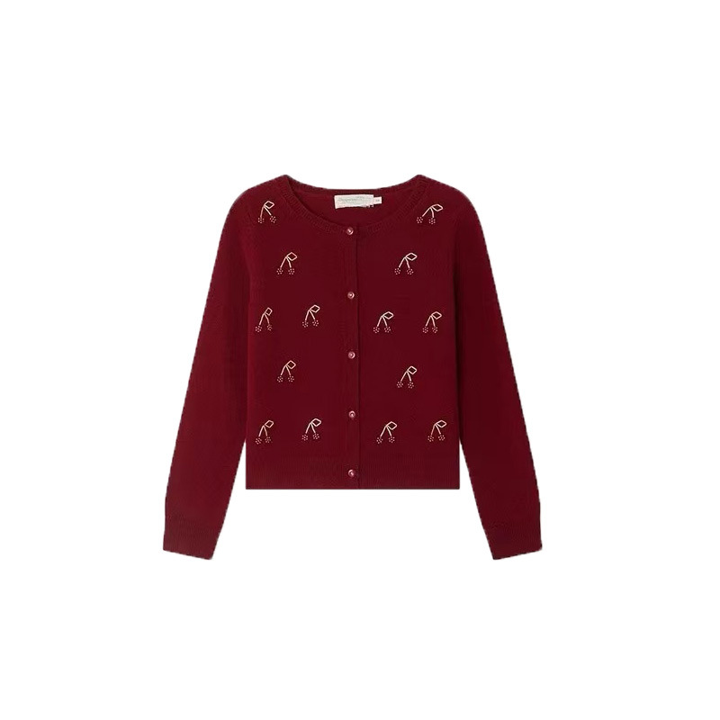 『全羊毛』手工串珠樱桃针织开衫女童秋冬节日红色毛衣长袖外套