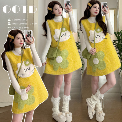 2025孕妇装连衣裙秋冬款毛呢A字背心裙辣妈两件套装韩版显瘦宽松