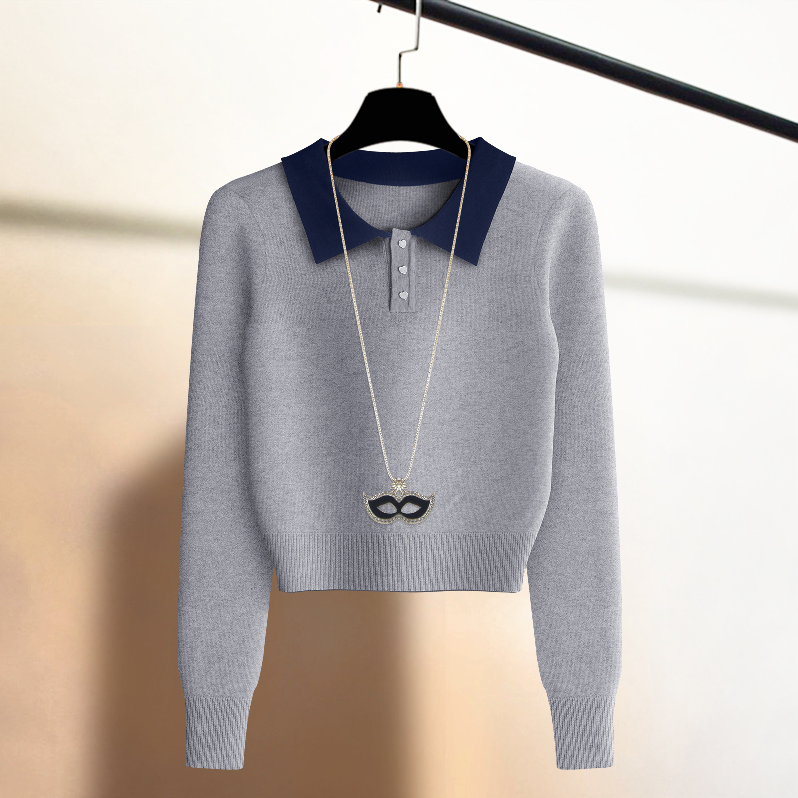 法式polo领高级感高腰毛衣