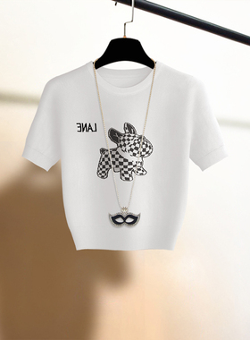 高级感白色短袖小狗针织T恤打底衫显瘦体恤漂亮高腰别致上衣女夏