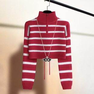 加厚高领高腰短款长袖套头毛衣女秋冬新款保暖针织衫外穿宽松上衣