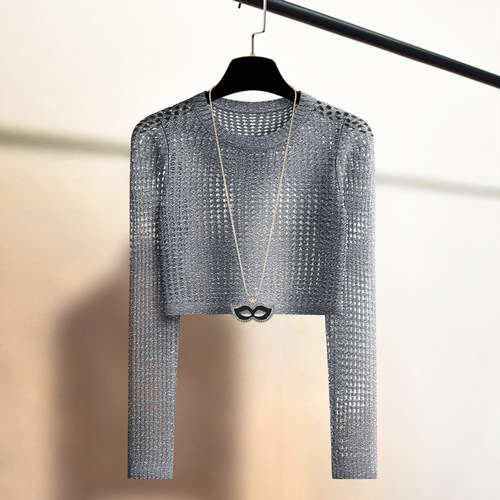 镂空高腰短款长袖套头针织衫