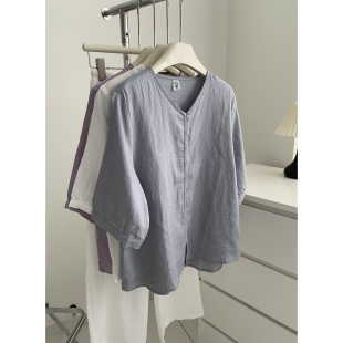 衬衣夏季 日系复古100%亚麻半袖 短袖 女松弛感宽松显瘦V领开衫 衬衫