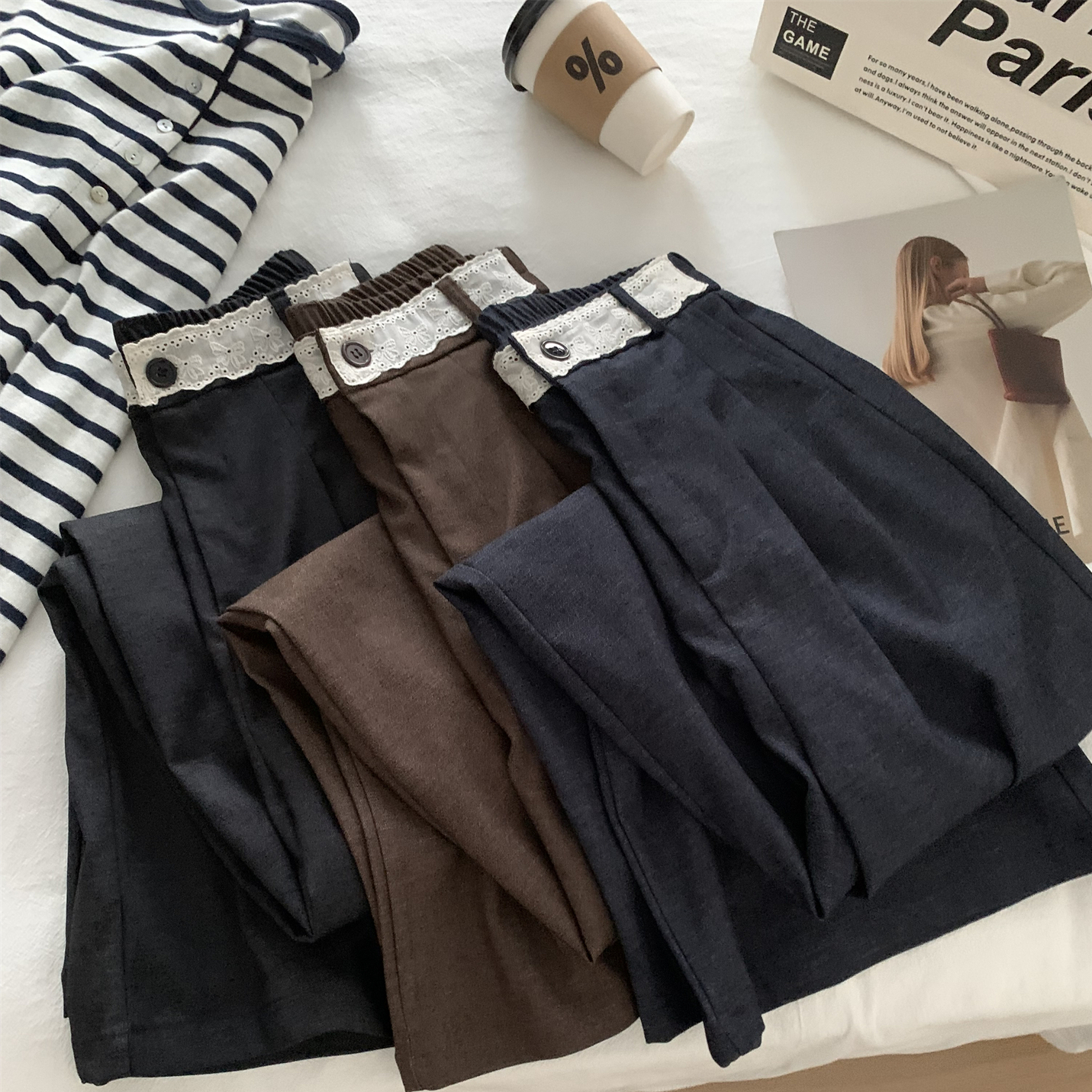 韩系复古花边高腰阔腿拖地裤