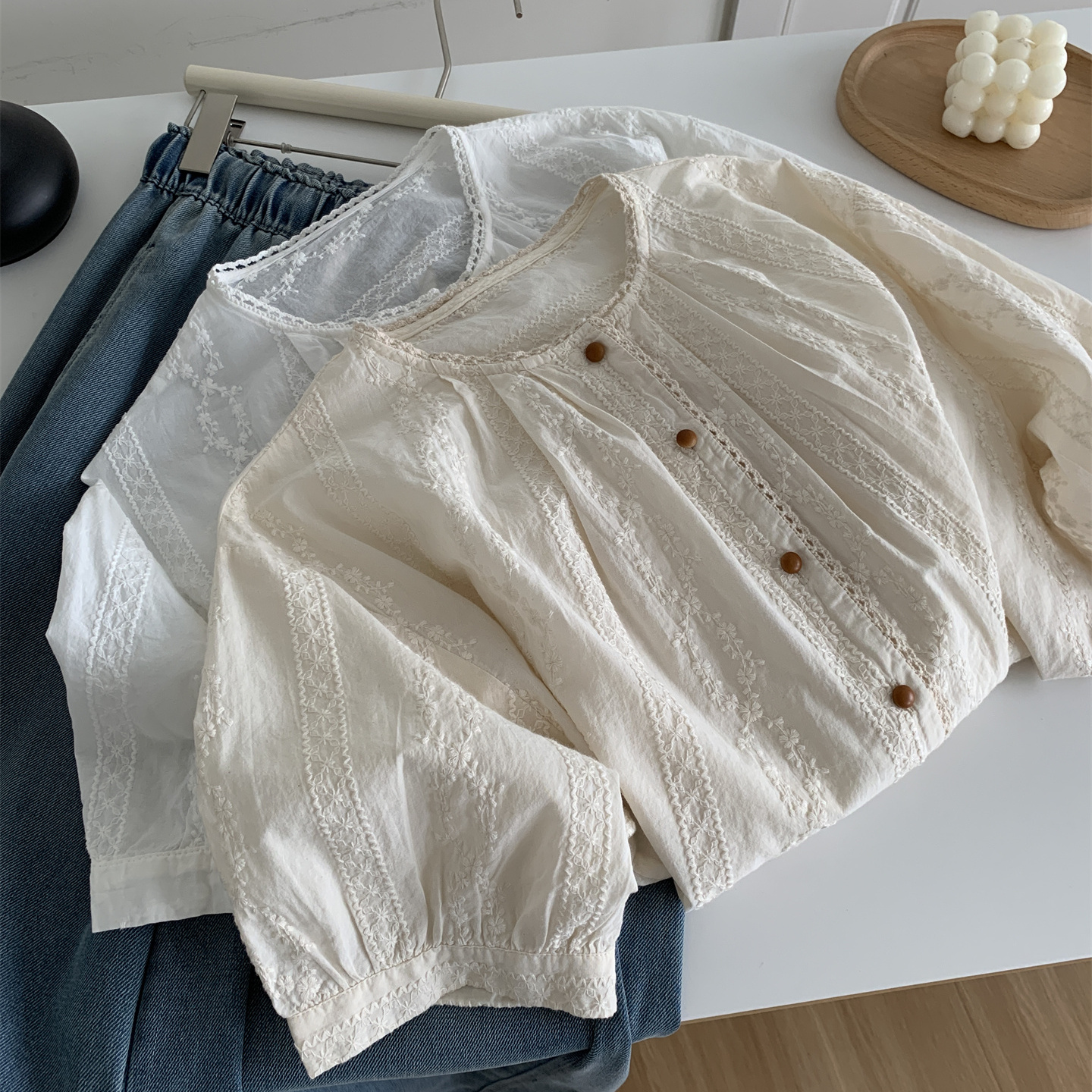 重磅刺绣花边圆领短袖衬衫女甜美日系复古纯棉小衫半袖衬衣开衫夏