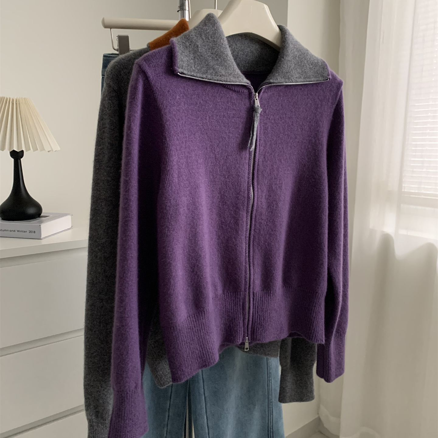 高级显白撞色翻领羊毛开衫