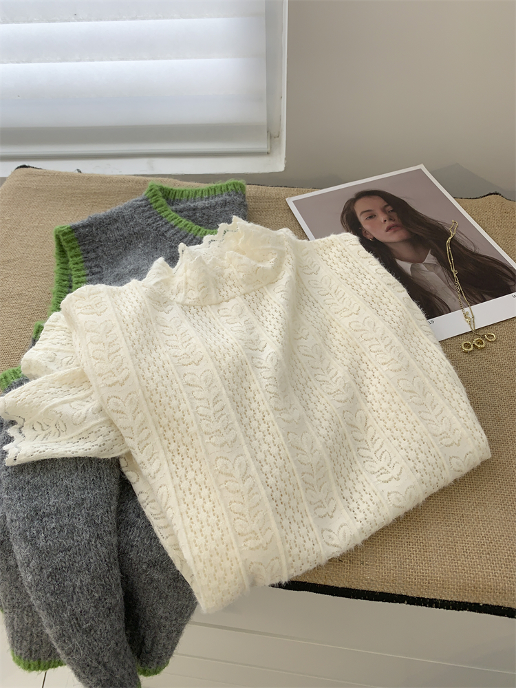 春秋内搭蕾丝花边立领长袖T恤