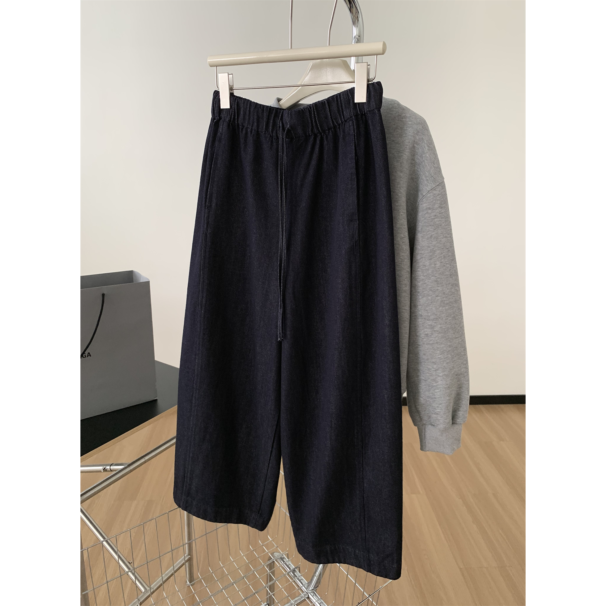 松弛感韩系小个子阔腿九分牛仔裤