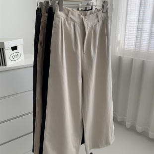 女25秋冬加厚高腰阔腿休闲拖地裤 日杂风水洗纯棉卡其色直筒工装 裤