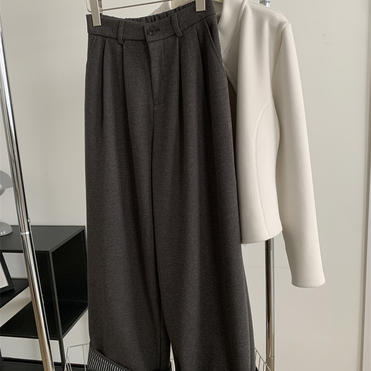 老钱风深灰色卷边阔腿休闲裤