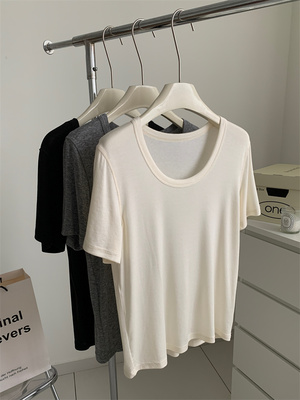 高品质天丝羊毛U领纯色T恤