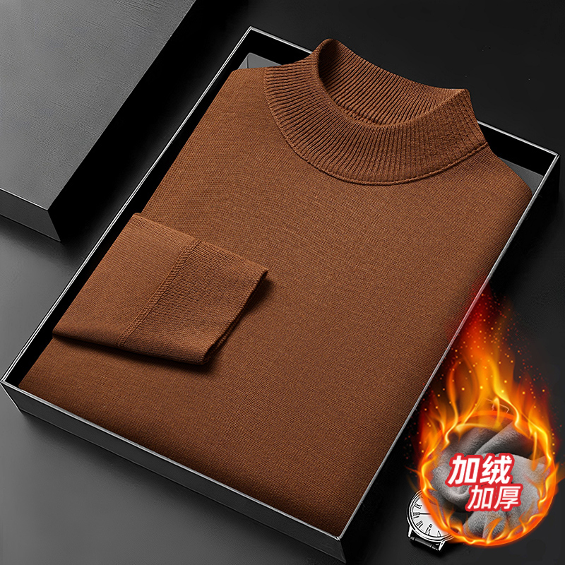 男士德绒衫半高领加绒加厚高档针织衫保暖毛衣极简风纯色打底衫男