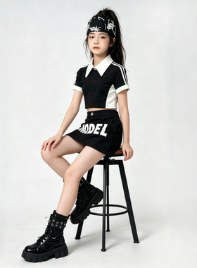 儿童小模特走秀演出服霸气T台裤装走秀女童酷炫演出服黑白色赛服