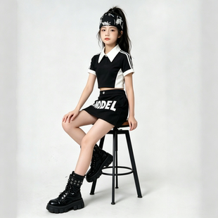 儿童小模特走秀演出服霸气T台裤装走秀女童酷炫演出服黑白色赛服