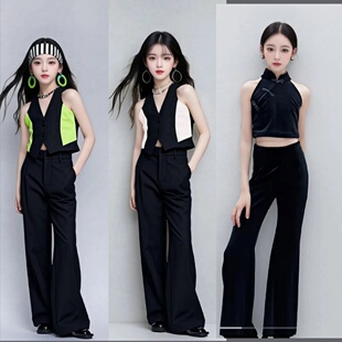 儿童模特形体走秀潮服女童酷潮服高端车模T台服装黑色套装演出服